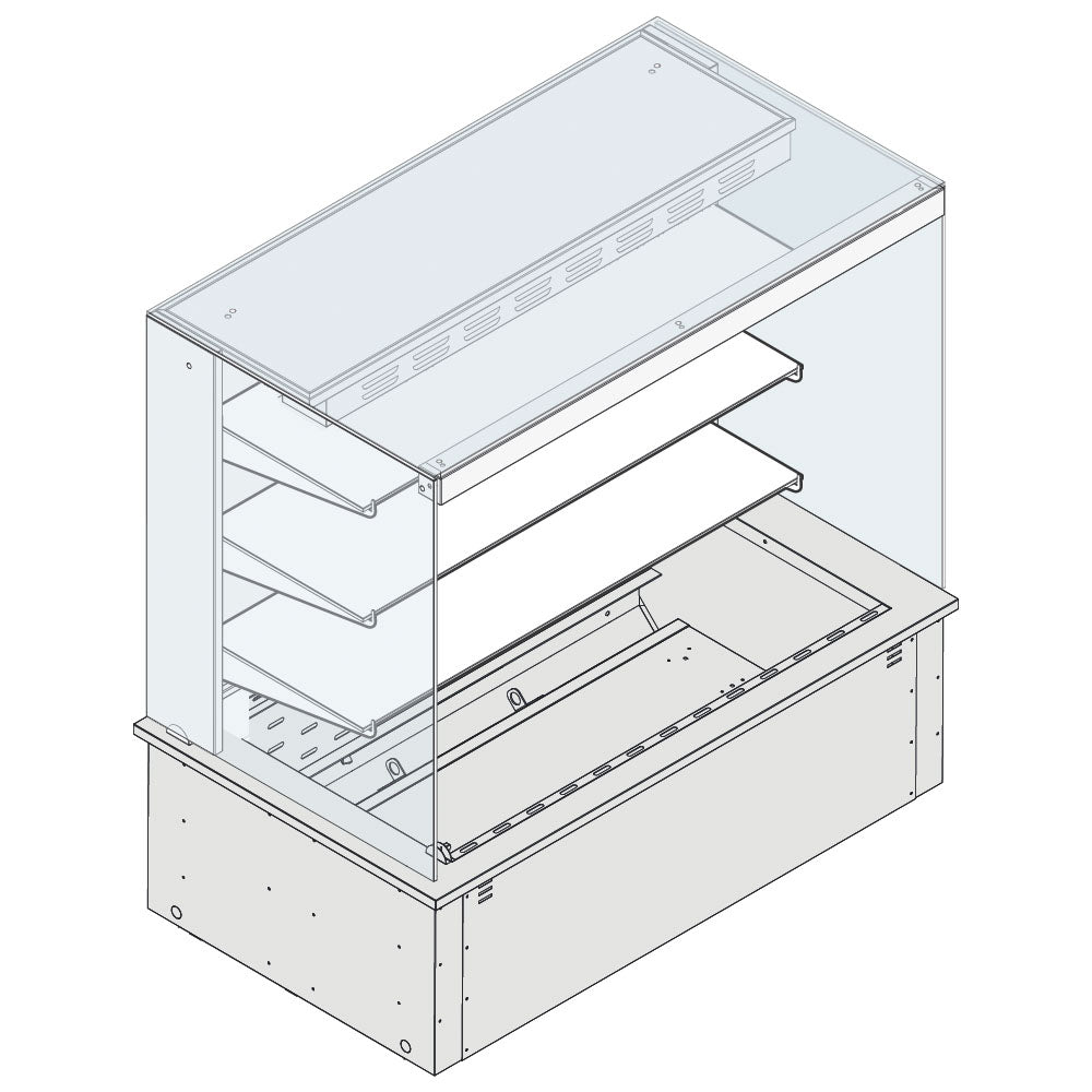 Wandkühlvitrine 3-etagig mit eckiger Verglasung auf Umluft-Kühlwanne, für Zentralkühlung, 2x GN 1/1 — Virtus AYC0511