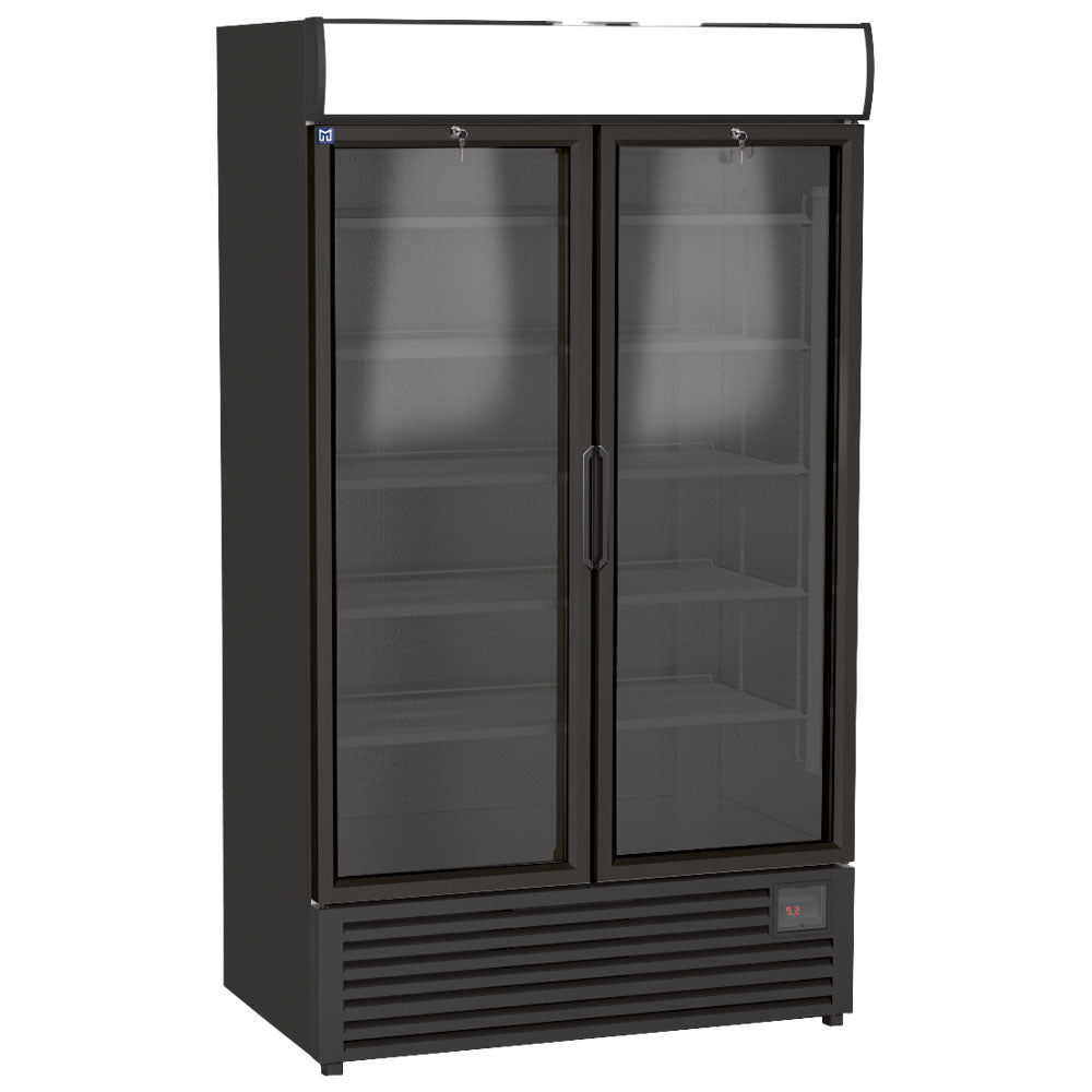 Getränkekühlvitrine 1140 Liter mit 2 Glastüren und Werbedisplay, 4+4 Roste, +1°/+9°C - Schwarz — Virtus BFD0024