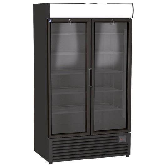 Getränkekühlvitrine 1140 Liter mit 2 Glastüren und Werbedisplay, 4+4 Roste, +1°/+9°C - Schwarz — Virtus BFD0024