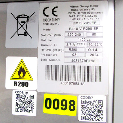 Tiefkühlschrank 1400 Liter aus Edelstahl, GN 2/1, -10°/-25°C, 85 mm Isolierung - BESCHÄDIGT — Virtus BMB0201BE (Ansicht 7)