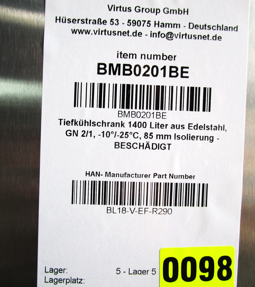 Tiefkühlschrank 1400 Liter aus Edelstahl, GN 2/1, -10°/-25°C, 85 mm Isolierung - BESCHÄDIGT — Virtus BMB0201BE (Ansicht 8)
