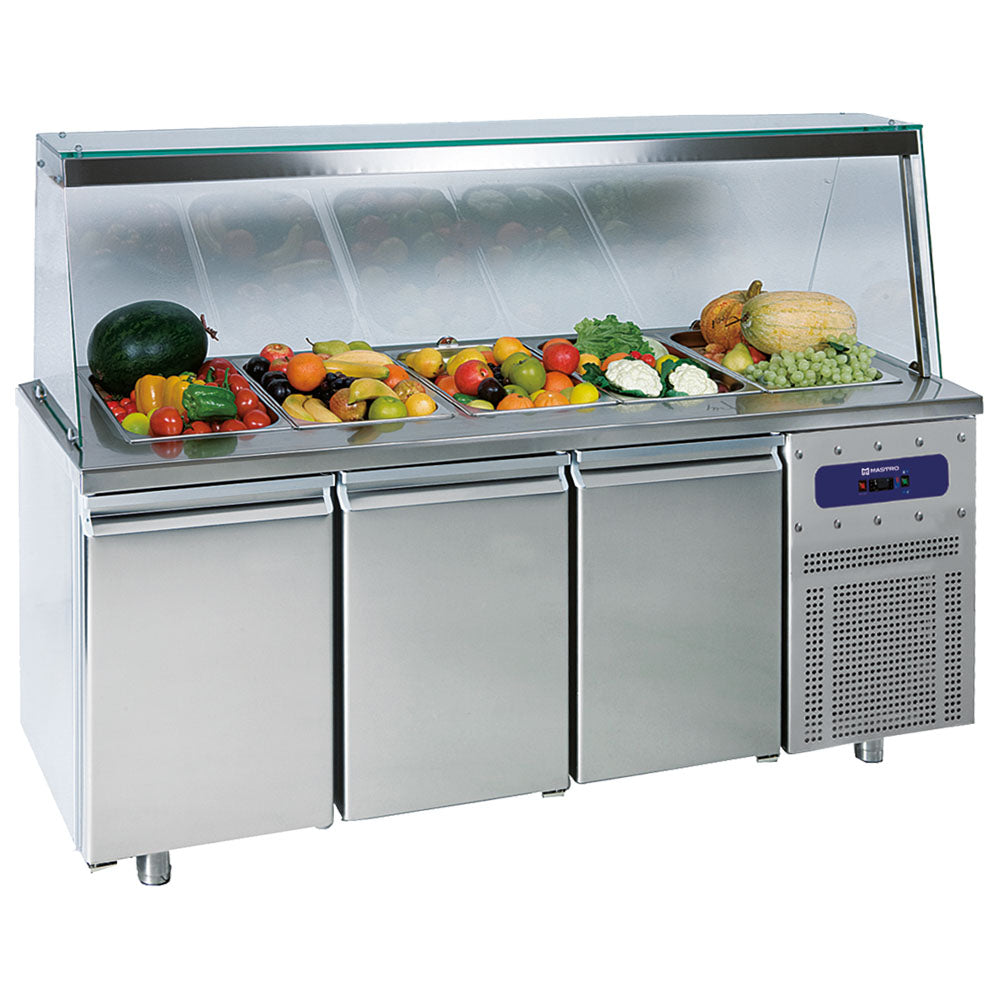 Saladette mit 3 Türen GN 1/1 und Glasstruktur, 5x GN 1/1 H=150 mm, -2°/+8°C — Virtus BNA0069