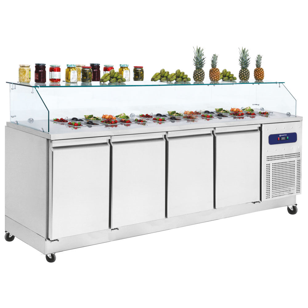Kühl-Vorbereitungstisch 4 Türen GN 1/1 mit Glasaufsatz, 10x GN 1/6 H=100 mm, -2°/+8°C — Virtus CCZ0108