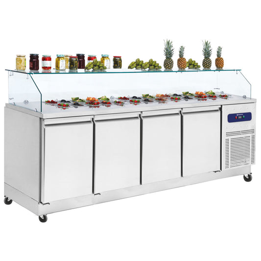 Kühl-Vorbereitungstisch 4 Türen GN 1/1 mit Glasaufsatz, 10x GN 1/6 H=100 mm, -2°/+8°C — Virtus CCZ0108