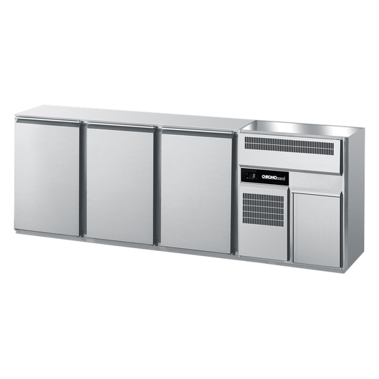 Beverage counter GN 1/1, 2 basins right, 3 doors, without cover, plug ready, 2450 × 656 × 930 mm