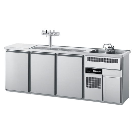 Beverage counter GN 1/1, 2 basins right, 3 doors, with cover, central cooling, 2500 × 700 × 980 mm