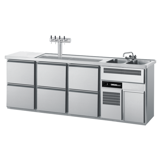 Beverage counter GN 1/1, 2 basins right, 6 taps 1/2, 2500 × 700 × 980 mm