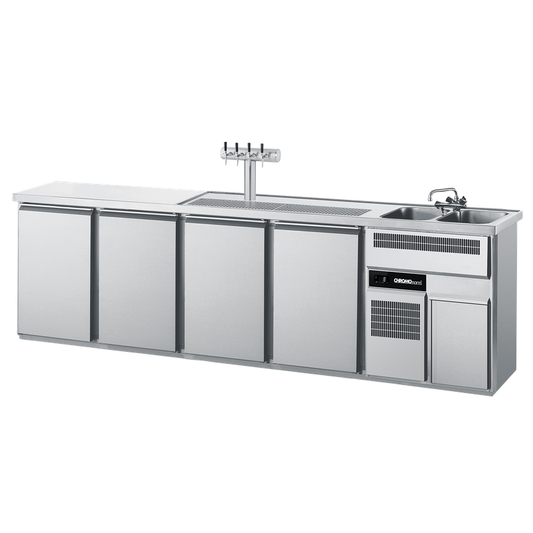 Beverage counter GN 1/1, 2 sinks right, 4 doors, with cover, plug-ready, 3050 × 700 × 980 mm