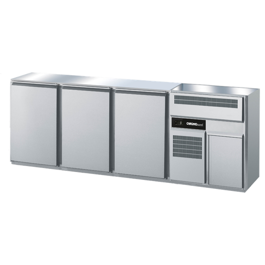 Beverage counter GN 1/1, 2 basins right, 3 doors, without cover, centralized cooling, 2450 × 656 × 930 mm