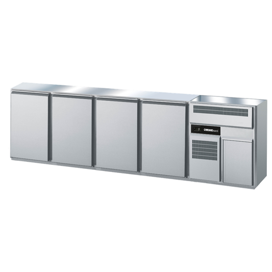 Beverage counter GN 1/1, 2 basins right, 4 doors, without cover - central cooling, 3000 × 656 × 930 mm