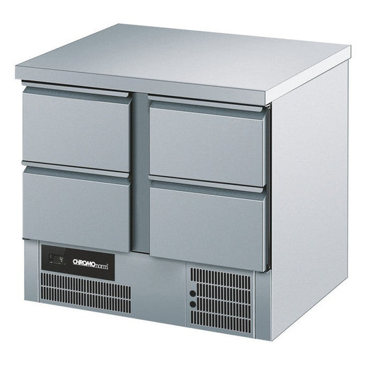 Refrigerated counter BR 795, GN 1/1, 4 compartments 1/2, with all round edge worktop, 950 × 700 × 850 mm
