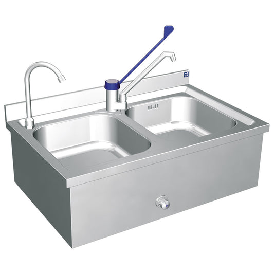 Handwaschbecken mit 2 Becken, 2 Hähnen, 1 Kniebedienung — Virtus GLC0008