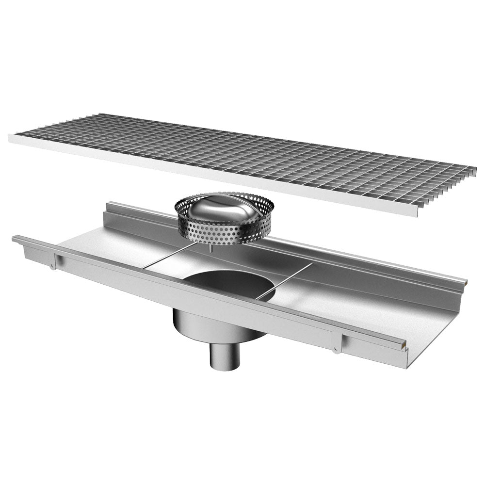 Bodenablaufrinne mit vertikalem Auslauf ø 63 mm und rundem Sieb, 1200x300x150 mm — Virtus GZZ0066
