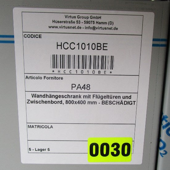 Wandhängeschrank mit Flügeltüren und Zwischenbord, 800x400 mm - BESCHÄDIGT — Virtus HCC1010BE (Ansicht 2)