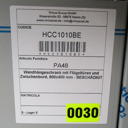Wandhängeschrank mit Flügeltüren und Zwischenbord, 800x400 mm - BESCHÄDIGT — Virtus HCC1010BE (Ansicht 2)