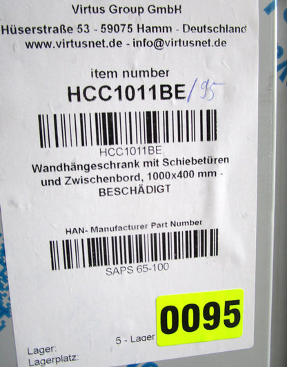 Wandhängeschrank mit Schiebetüren und Zwischenbord, 1000x400 mm - BESCHÄDIGT — Virtus HCC1011BE (Ansicht 5)