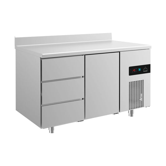 Refrigerated counter -2 to +8°C 1400 × 700 × 850 mm with 1x door and 1x three drawers incl. upstand | A&S KT2DTA