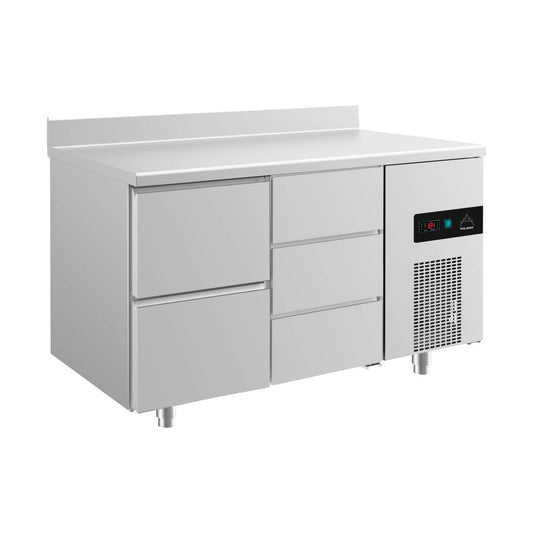 Refrigerated counter -2 to +8°C 1400 × 700 × 850 mm with 1x two drawers and 1x three drawers and upstand | A&S KT2ZDA