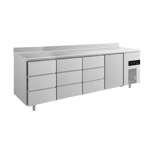 Refrigerated counter -2 to +8°C 2330 × 700 × 850 mm with 1x door and 3x three drawers with upstand | A&S KT4DDDTA