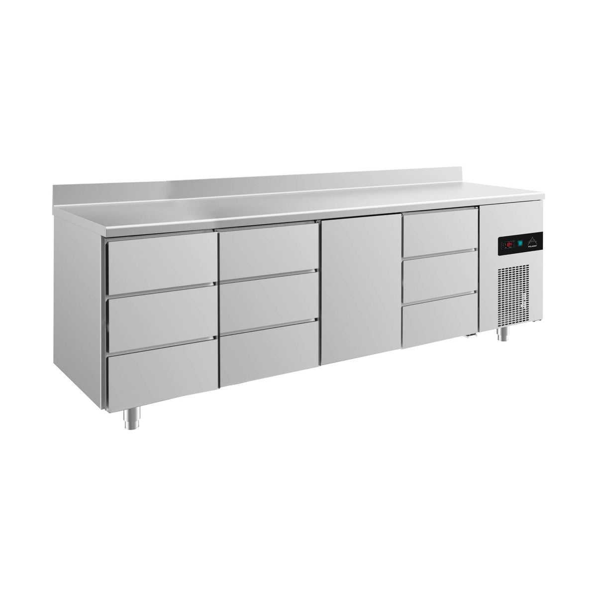 Kühltisch -2 bis +8°C 2330 × 700 × 850 mm mit 1x Tür und 3x drei Schubladen u. Aufkantung | A&S KT4DDTDA