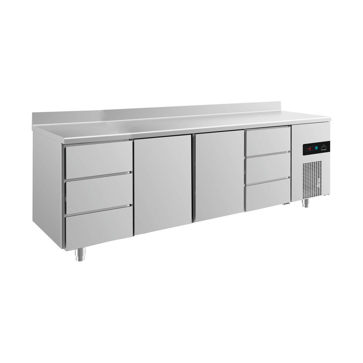 Kühltisch -2 bis +8°C 2330 × 700 × 850 mm mit 2x Türen und 2x drei Schubladen u. Aufkantung | A&S KT4DTTDA