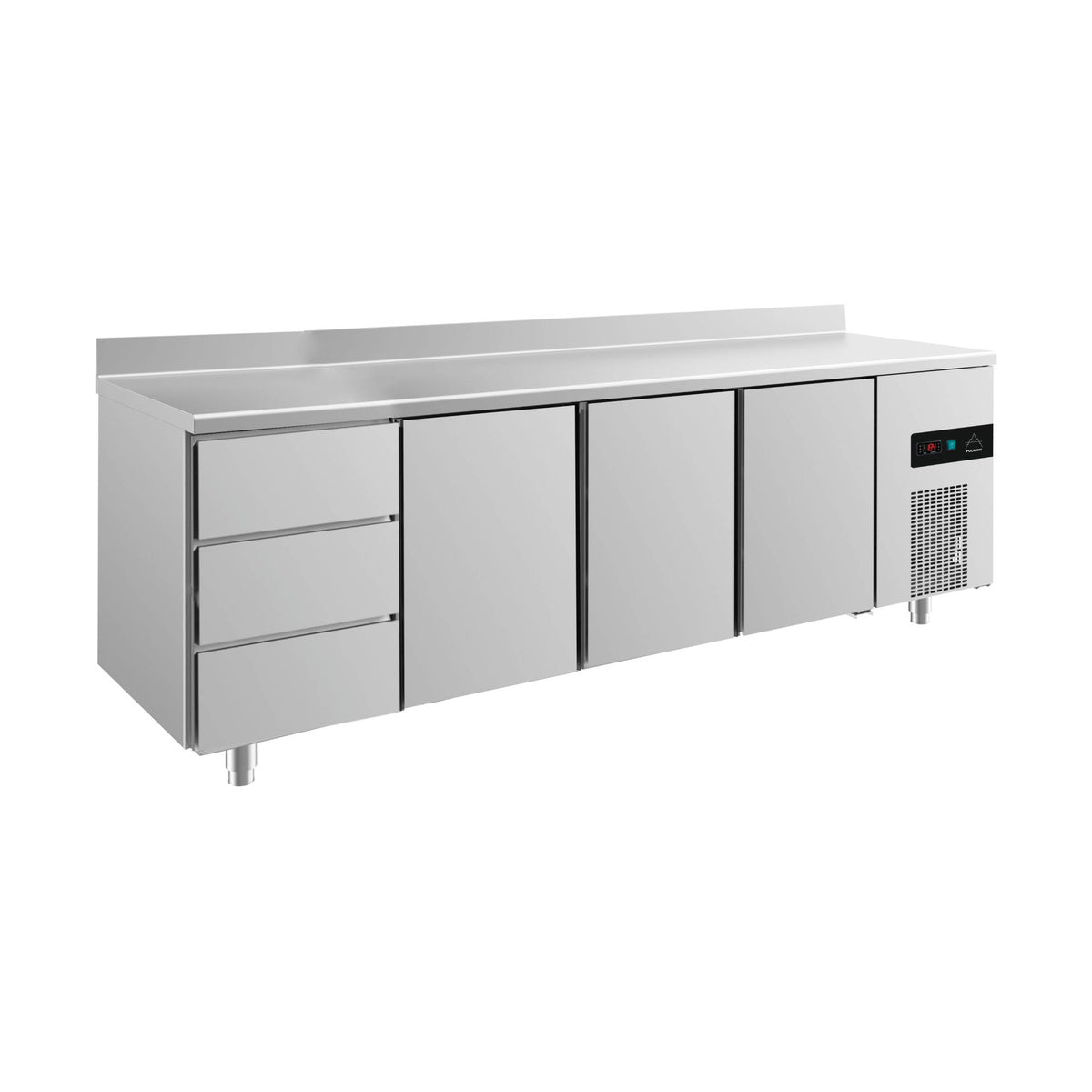 Kühltisch -2 bis +8°C 2330 × 700 × 850 mm mit 3x Tür und 2x drei Schubladen u. Aufkantung | A&S KT4DTTTA