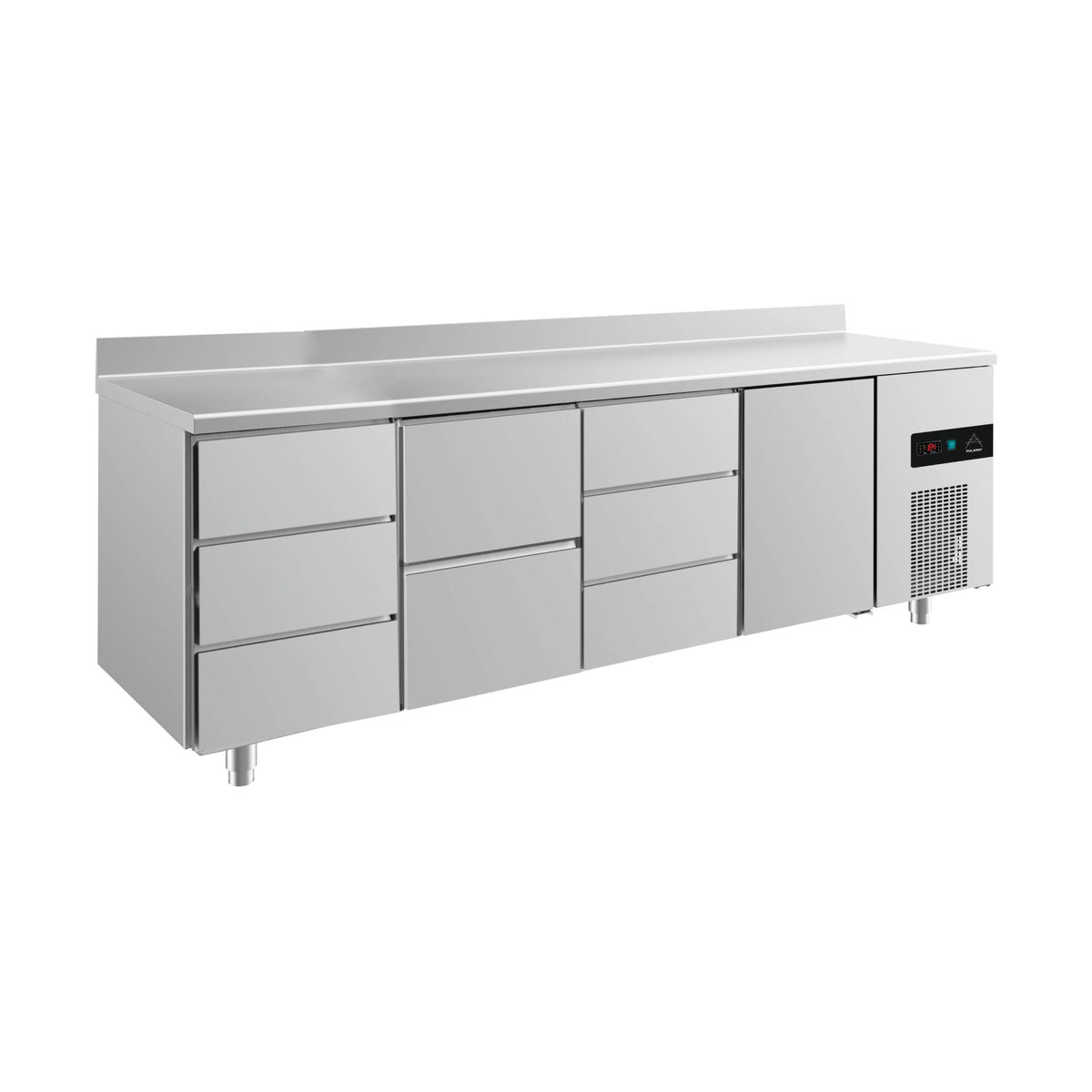 Kühltisch -2 bis +8°C 2330 × 700 × 850 mm mit 1x Tür, 1x zwei Schubladen und 2 × 3 Schubladen u. Aufkantung | A&S KT4DZDTA