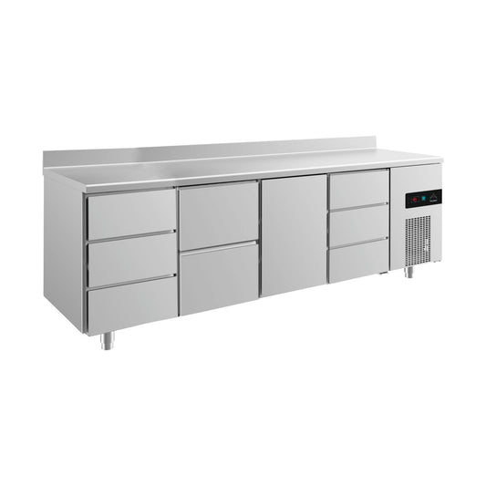 Refrigerated counter -2 to +8°C 2330 × 700 × 850 mm with 1x door, 1x two drawers and 2 × 3 drawers and upstand | A&S KT4DZTDA