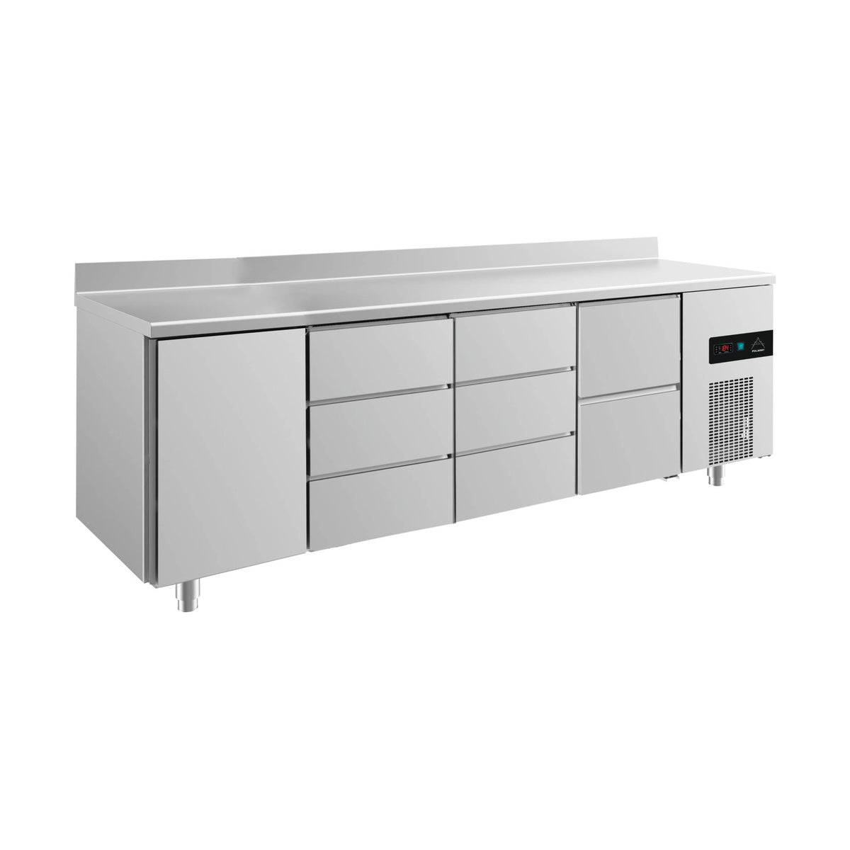 Kühltisch -2 bis +8°C 2330 × 700 × 850 mm mit 1x Tür, 1x zwei Schubladen und 2 × 3 Schubladen u. Aufkantung | A&S KT4TDDZA