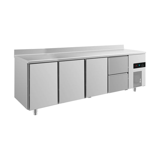 Refrigerated counter -2 to +8°C 2330 × 700 × 850 mm with 3x doors and 1x two drawers incl. upstand | A&S KT4TTTZA