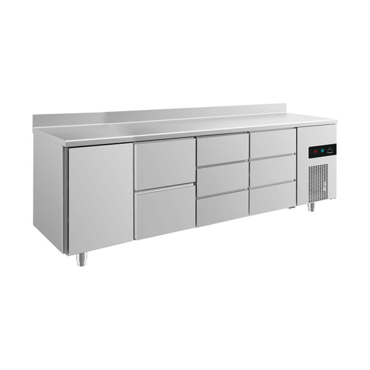 Refrigerated counter -2 to +8°C 2330 × 700 × 850 mm with 1x door, 1x two drawers and 2 × 3 drawers incl. upstand | A&S KT4TZDDA