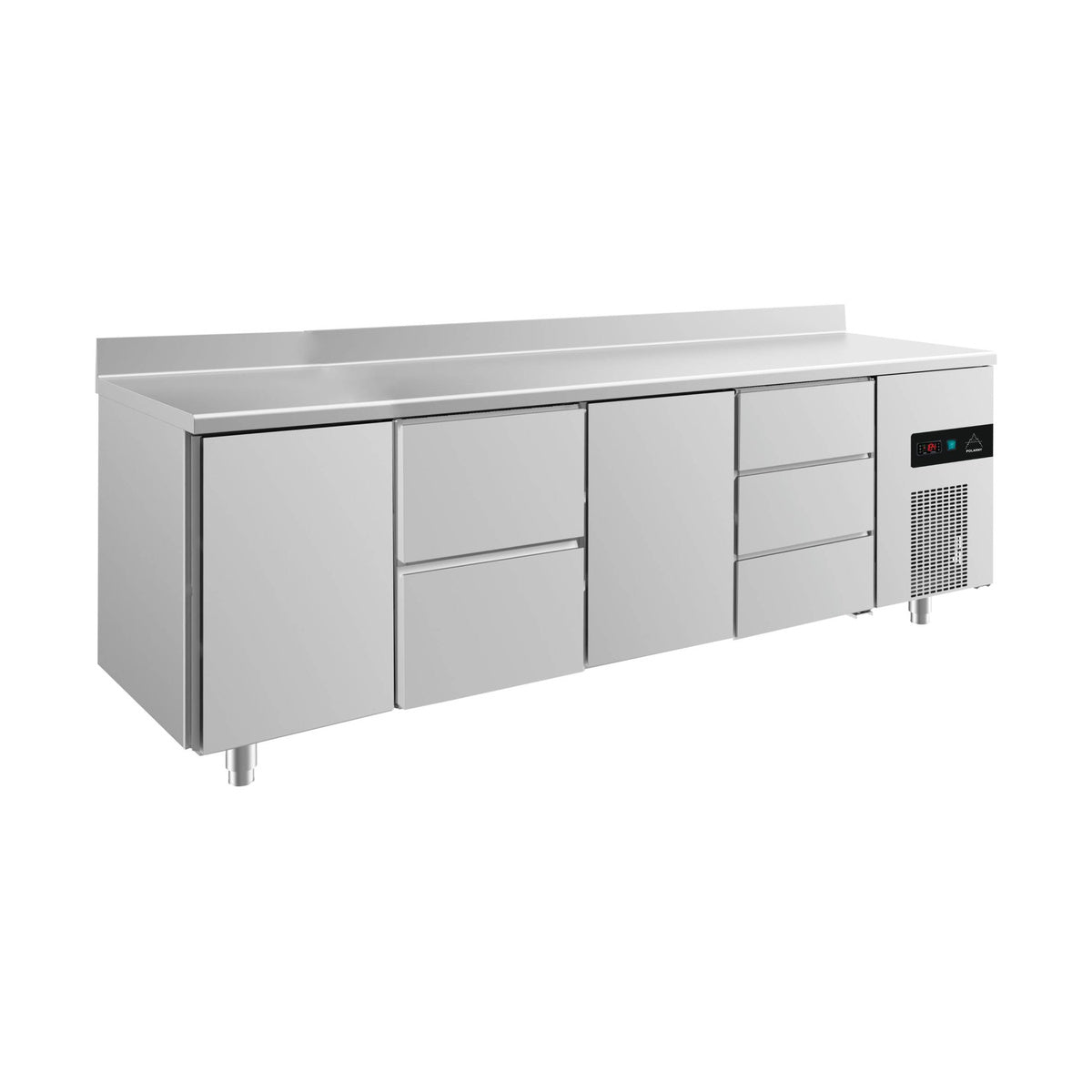 Kühltisch -2 bis +8°C 2330 × 700 × 850 mm mit 2x Türen, 1x zwei Schubladen und 1 × 3 Schubladen u. Aufkantung | A&S KT4TZTDA