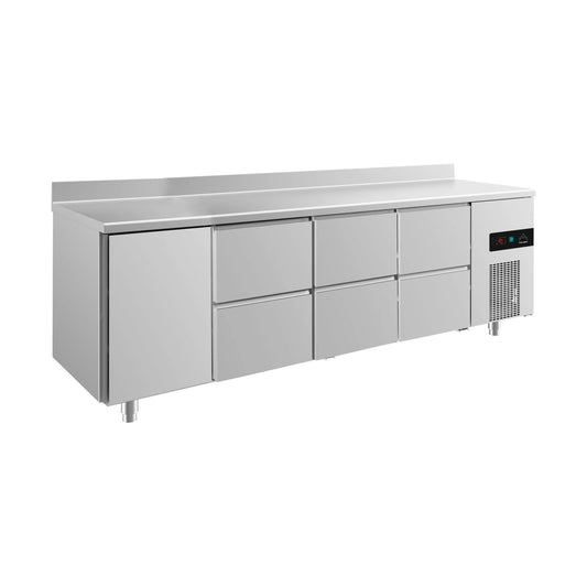 Refrigerated counter -2 to +8°C 2330 × 700 × 850 mm with 1x door and 3x two drawers incl. upstand | A&S KT4TZZZA