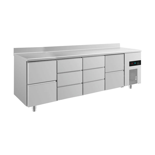 Refrigerated counter -2 to +8°C 2330 × 700 × 850 mm with 2x two drawers and 2x three drawers incl. upstand | A&S KT4ZDDZA