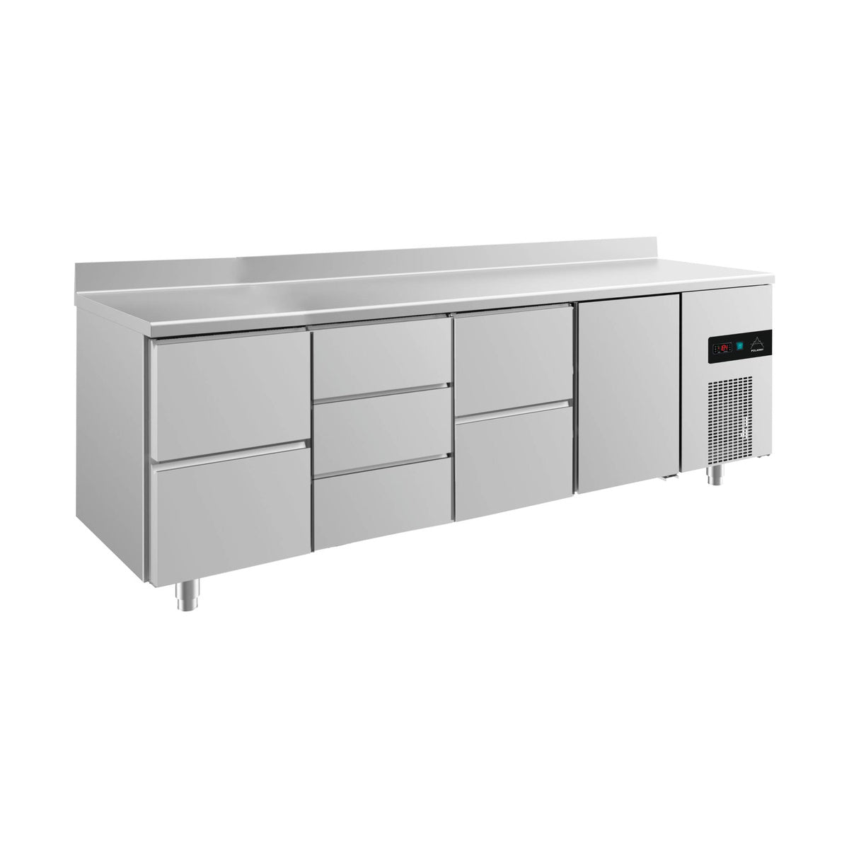 Kühltisch -2 bis +8°C 2330 × 700 × 850 mm mit 1x Tür, 2x zwei Schubladen und 1 × 3 Schubladen u. Aufkantung | A&S KT4ZDZTA