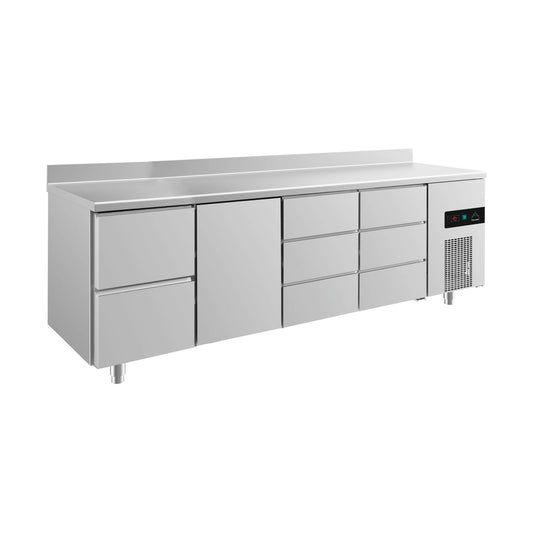 Refrigerated counter -2 to +8°C 2330 × 700 × 850 mm with 1x door, 1x two drawers and 2 × 3 drawers incl. upstand | A&S KT4ZTDDA