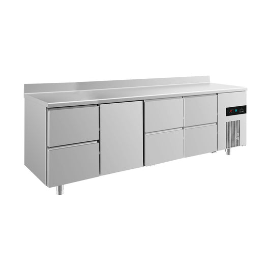 Refrigerated counter -2 to +8°C 2330 × 700 × 850 mm with 1x door and 3x two drawers with upstand | A&S KT4ZTZZA
