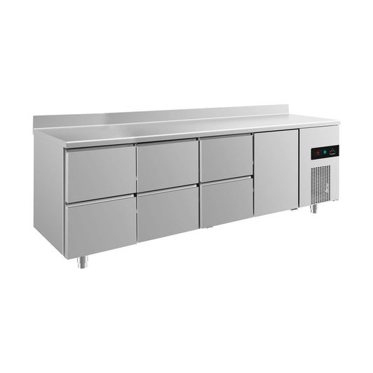Refrigerated counter -2 to +8°C 2330 × 700 × 850 mm with 1x door and 3x two drawers incl. upstand | A&S KT4ZZZTA