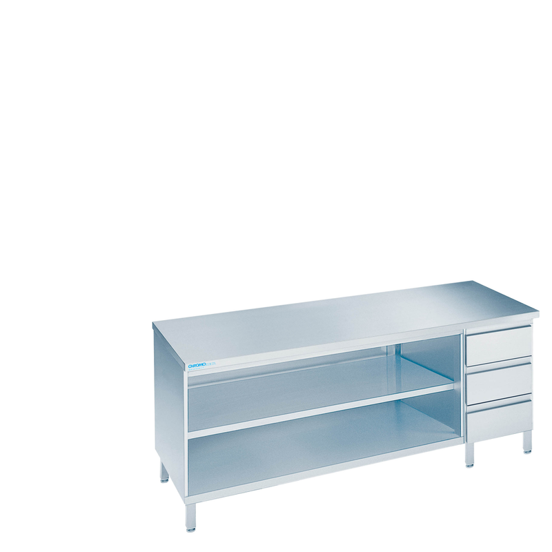 Arbeitsschrank offen mit Schubladenblock rechts, mit Tischplatte allseits ab, 2400 × 600 × 850/900 mm