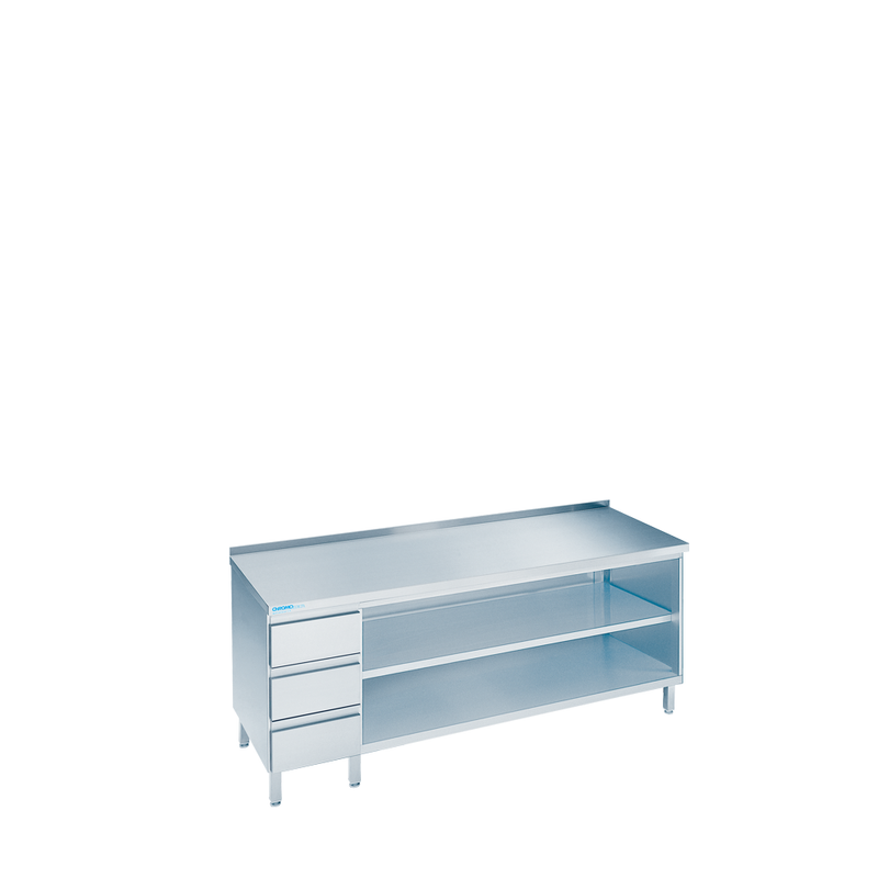 Arbeitsschrank offen mit Schubaldenblock links, mit Tischplatte hinten auf, 2200 × 700 × 850/900 mm