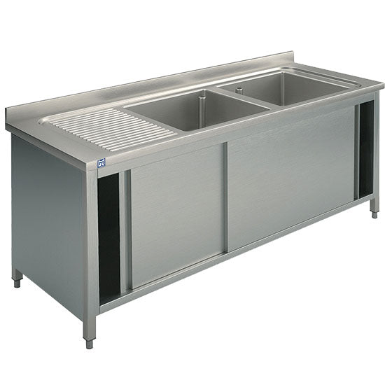 Spülschrank, 2 Becken, Tropftasse links, mit Schiebetüren, 2000x600 mm — Virtus SLA2GS2006