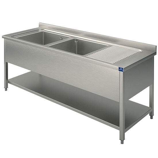 Spültisch, 2 Becken, Tropftasse rechts, auf Beinen, mit Zwischenboden, 2000x700 mm — Virtus SLG2GD2067