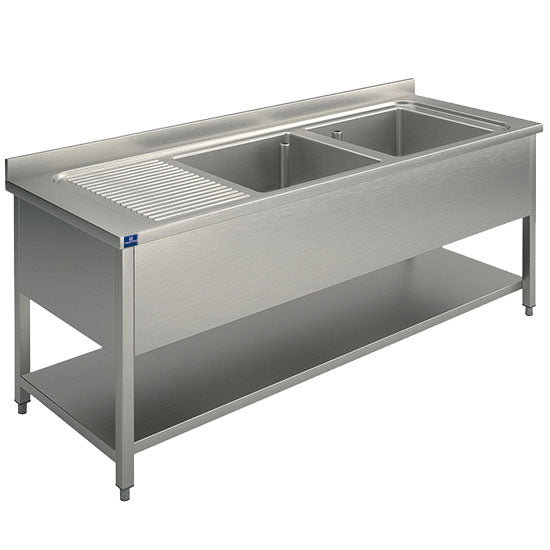 Spültisch, 2 Becken, Tropftasse links, auf Beinen, mit Zwischenboden, 1600x600 mm — Virtus SLG2GS1656