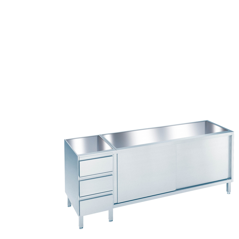 Arbeitsschrank mit Schiebetüren und Schubladenblock links, ohne Tischplatte, 2000 × 660(700)x800/850 mm