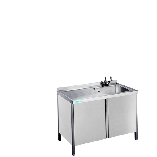 Spültisch mit 1 Becken rechts und Flügeltüren, 1200 × 700 × 850/900 mm