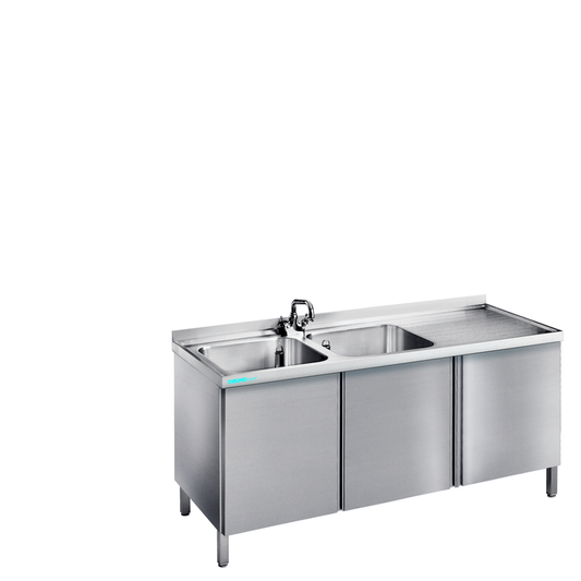 Spültisch mit 2 Becken links und Flügeltüren, 1500 × 600 × 850/900 mm