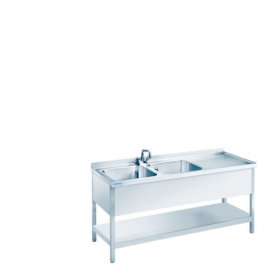 Spültisch mit 2 Becken links und Zwischenboden, 1900 × 700 × 850/900 mm