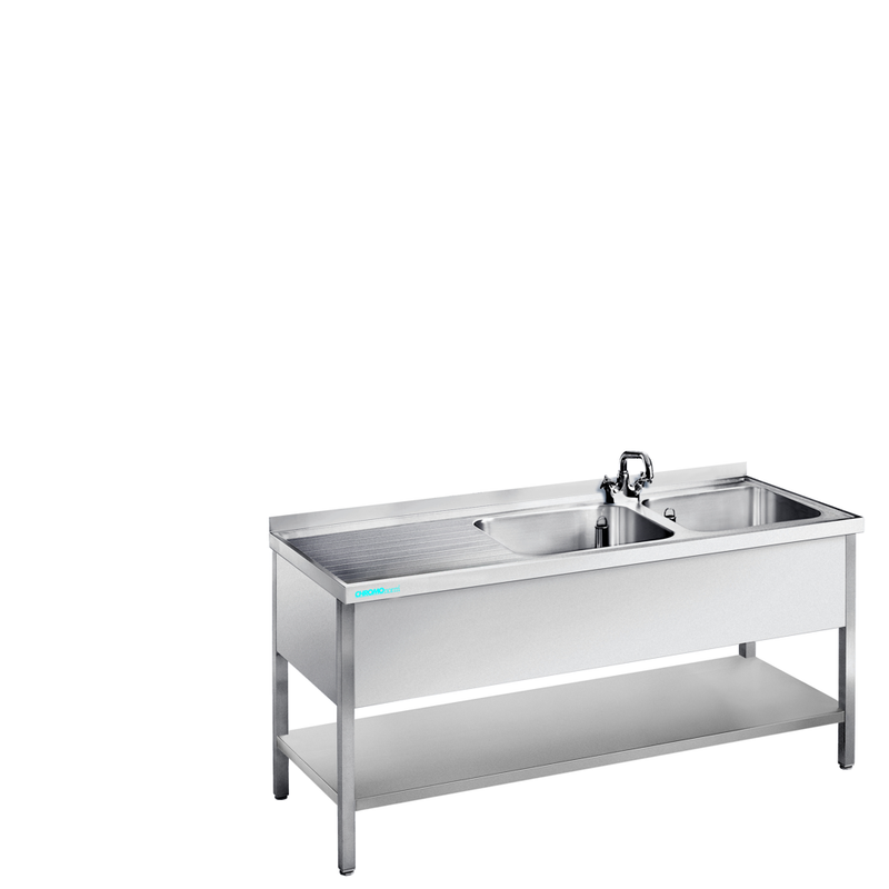Spültisch mit 2 Becken rechts und Zwischenboden, 1900 × 700 × 850/900 mm