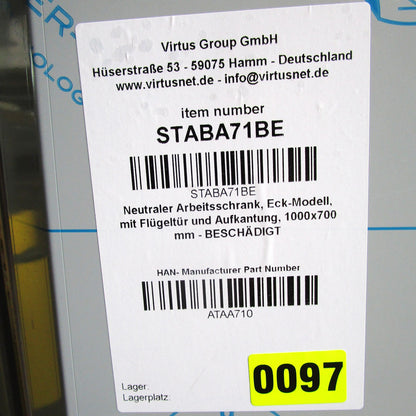 Neutraler Arbeitsschrank, Eck-Modell, mit Flügeltür und Aufkantung, 1000x700 mm - BESCHÄDIGT — Virtus STABA71BE (Ansicht 6)