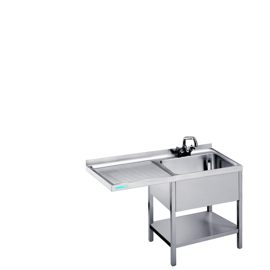 Dishwashing centre with 1 basin on the right and intermediate shelf, 1200 × 700 × 850/900 mm